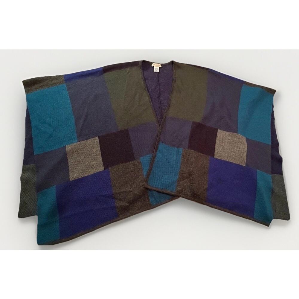 Coldwater Creek Knit Geometric Shawl Wrap Blue Gray Green Black Acrylic Wool